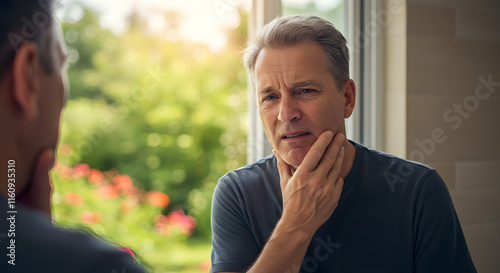 Concerned Mature Man Touching Face Near Window Natural Light Setting