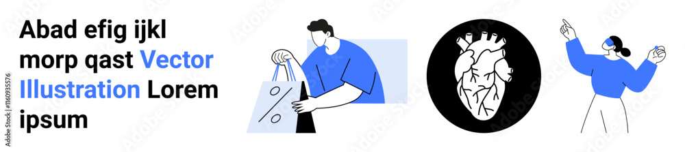 Three characters performing different actions including shopping, boxing, and gesturing, adjacent to a monochrome heart diagram. Ideal for healthcare, fitness, e-commerce, design, education Three characters performing different actions including shopping, boxing, and gesturing, adjacent to a monochrome heart diagram. Ideal for healthcare, fitness, e-commerce, design, education