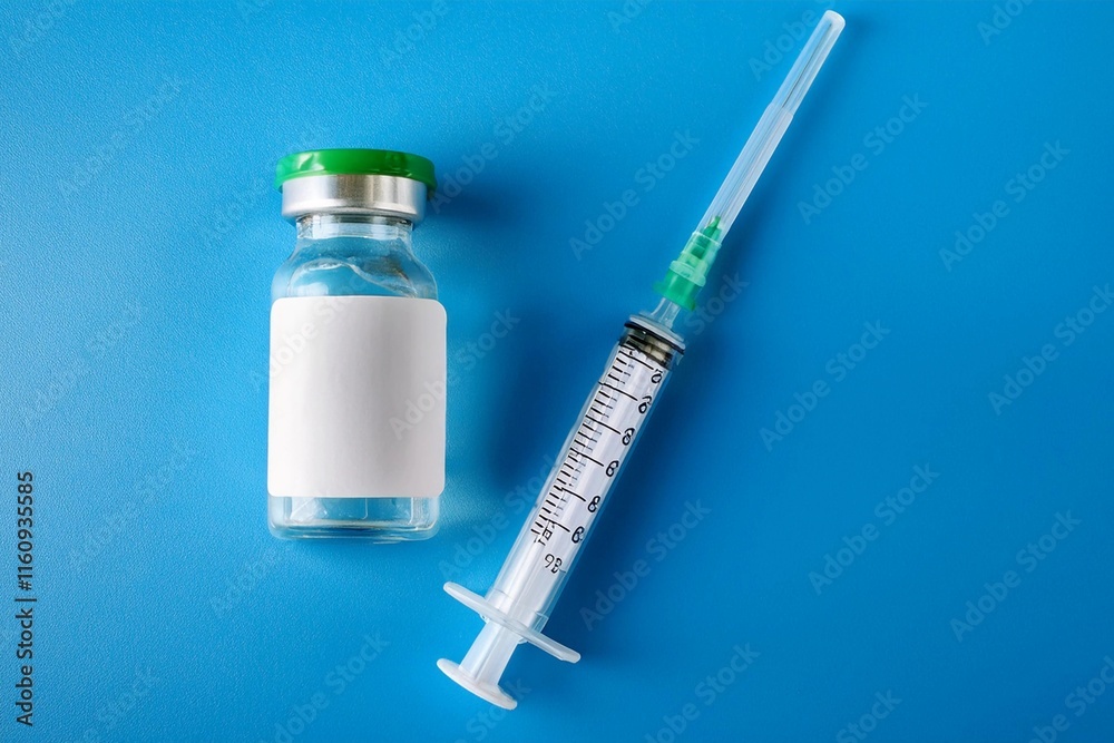 Medication in glass vials and syringe on isolated blue background Medication in glass vials and syringe on isolated blue background