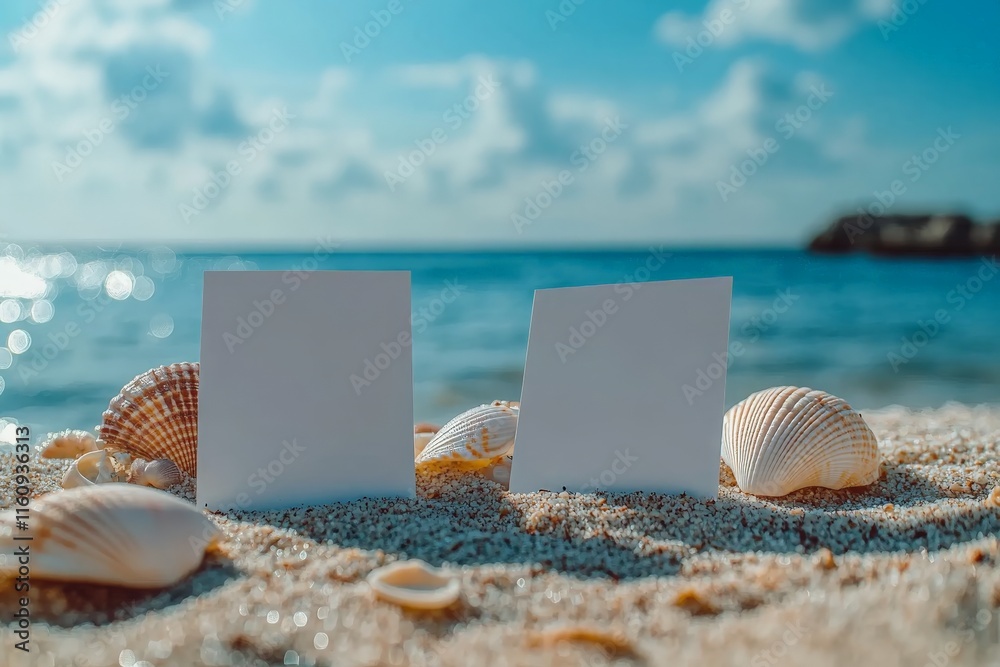 Blank cards on a sandy beach surrounded by seashells with a calm ocean in the background Blank cards on a sandy beach surrounded by seashells with a calm ocean in the background