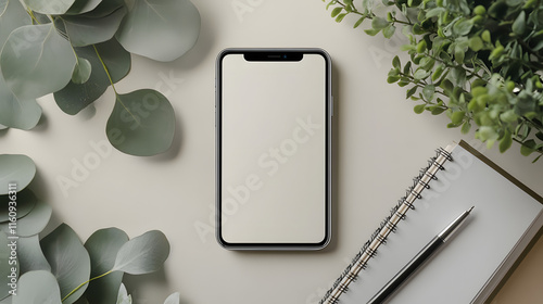 A white smartphone with a blank screen surrounded by green leaves, a notebook, and a pen on a soft neutral background, ideal for eco-friendly and tech branding photo