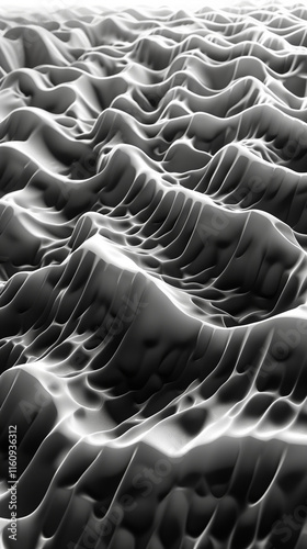 Abstract black and white wavy surface with fluid, organic patterns, perfect for backgrounds.