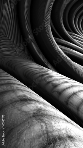 Abstract black and white curved surfaces with organic textures and smooth lines, ideal for backgrounds.
