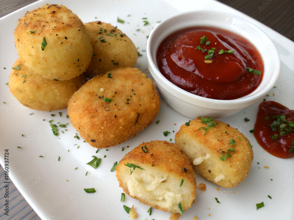 The image shows a plate of golden brown croquettes served with a red dipping sauce. The croquettes are garnished with chopped herbs. The image shows a plate of golden brown croquettes served with a red dipping sauce. The croquettes are garnished with chopped herbs.
