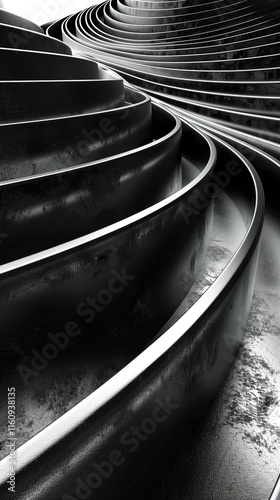 Abstract black and white layered curves with a metallic, steel-like texture, perfect for backgrounds.