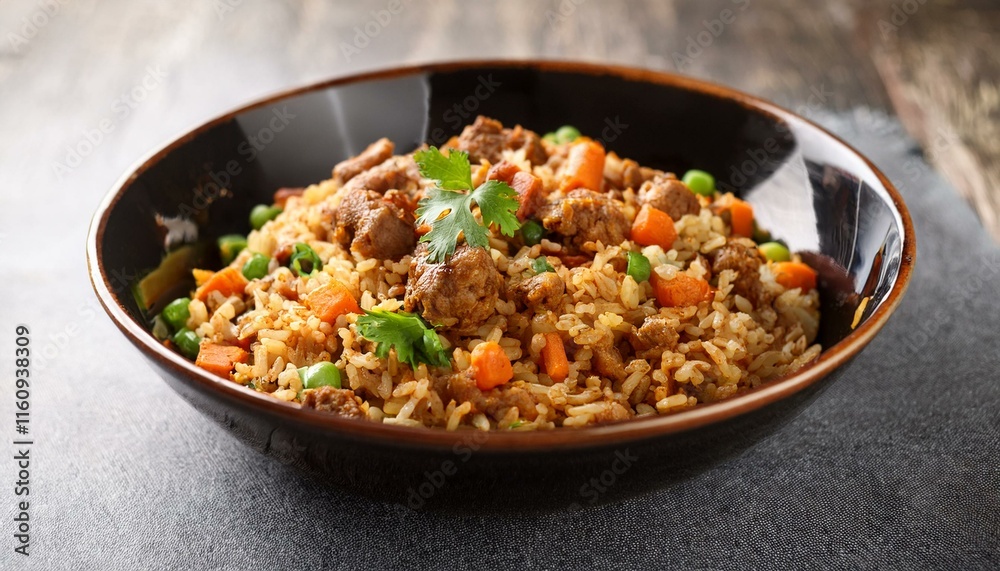 Rice cooked with mutton or chicken mince with vegetables and spices. served in a bowl. Generated image Rice cooked with mutton or chicken mince with vegetables and spices. served in a bowl. Generated image