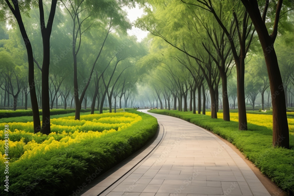 there is a path that is lined with trees and flowers there is a path that is lined with trees and flowers