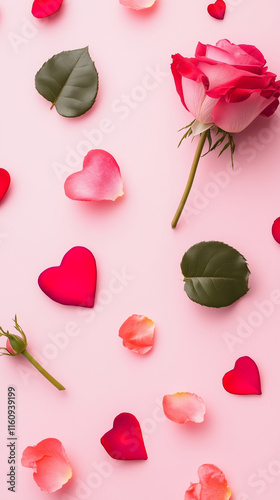 Pink Rose Petals and Hearts on Minimal Background – Elegant Valentine's Day Flat Lay