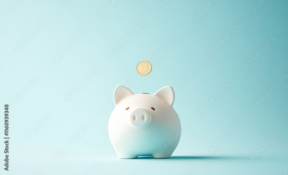 White Piggy Bank Filled with Falling Coins on Light Blue Background White Piggy Bank Filled with Falling Coins on Light Blue Background