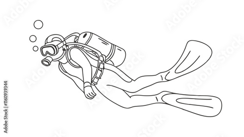 Professional Scuba Diver line art Vector Illustration