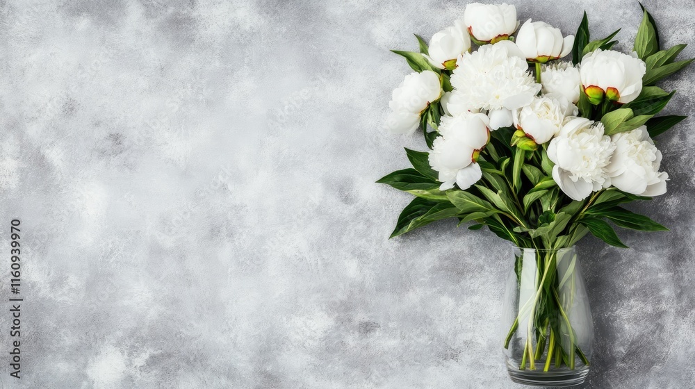Obraz premium White peonies bloom gracefully in a glass vase, showcasing soft lighting against a clean, neutral background, reflecting a modern aesthetic