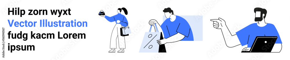 Three people performing different activities one grocery shopping, one handling a delivery, and one communicating using technology. Ideal for e-commerce, delivery services, tech communication, online Three people performing different activities one grocery shopping, one handling a delivery, and one communicating using technology. Ideal for e-commerce, delivery services, tech communication, online