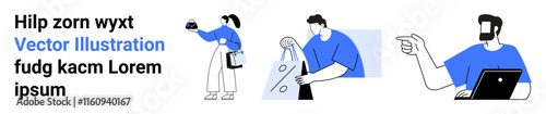 Wallpaper Mural Three people performing different activities one grocery shopping, one handling a delivery, and one communicating using technology. Ideal for e-commerce, delivery services, tech communication, online Torontodigital.ca