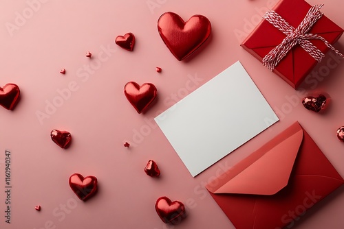 Valentine's Day celebration with red hearts, gift, blank card, and envelope on pink background