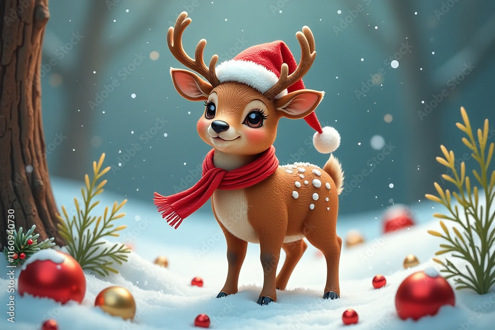 Fototapeta premium deer santa hat scarf holiday decorations surround winter scene featuring cute forest wild animal festive