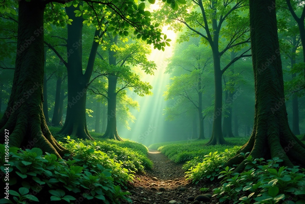 Fototapeta premium Dense forest canopy over vast expanse of forest floor, foliage, nature, atmosphere