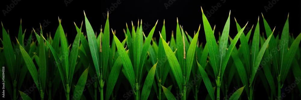 Dark green sugarcane stalks with brown tips on black background, agriculture, crop, greenery Dark green sugarcane stalks with brown tips on black background, agriculture, crop, greenery
