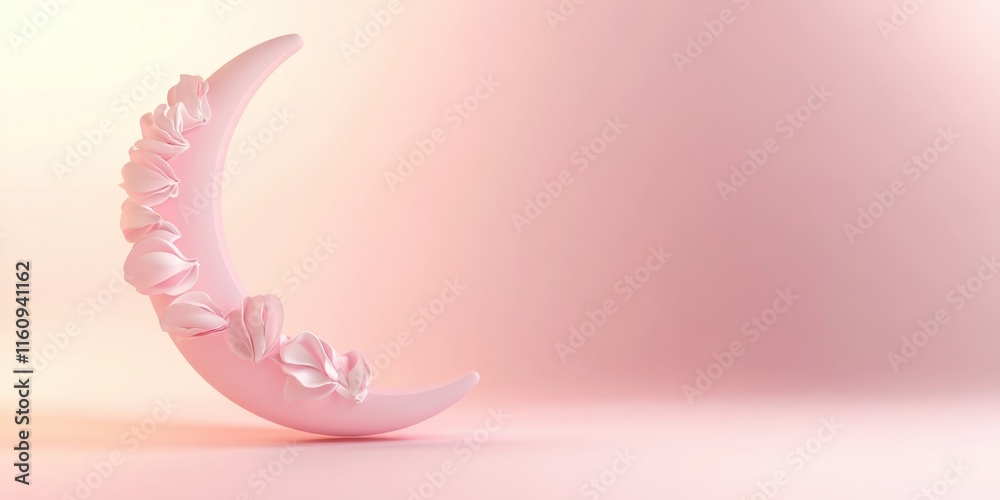 Obraz premium Pastel Pink Crescent Moon Adorned with Delicate Floral Accents on a Soft Background