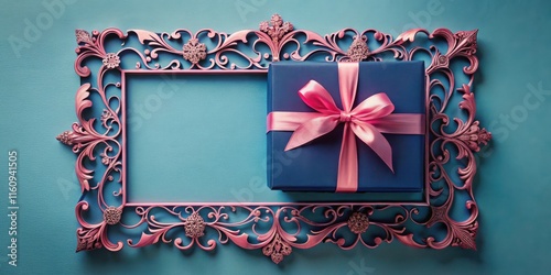 A gift box with a pink ribbon tied around it is presented in a pink ornate frame on a blue background. photo