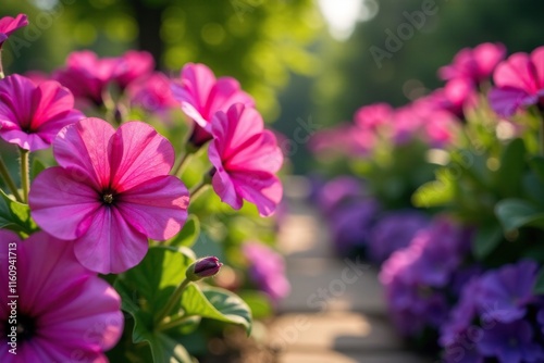Bright pink and purple flowers on a garden path, flower, petunia photo