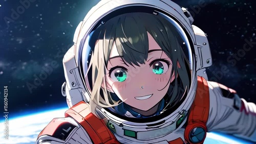 Young anime woman in space suit floating in outer space. Portrait of female person in Japanese animation style in space setting.