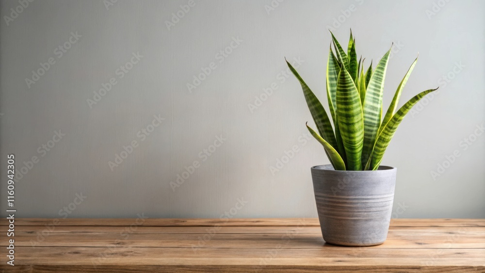 A potted snake plant with vibrant green foliage sits on a rustic wooden table against a neutral gray wall. A potted snake plant with vibrant green foliage sits on a rustic wooden table against a neutral gray wall.