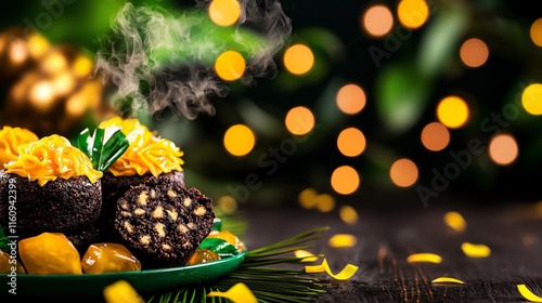 Brazilian roseinfused brigadeiros on a vibrant tray, lively Carnaval street parade with dancers photo