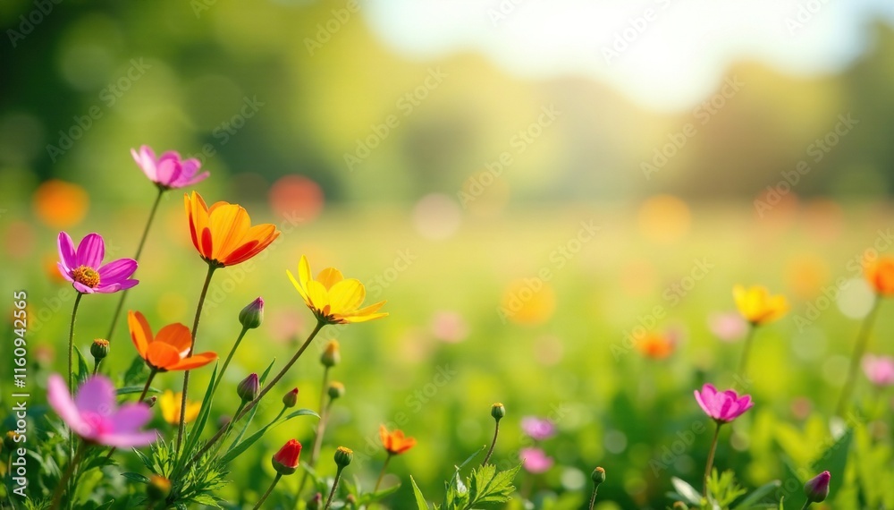 Wildflower field with a sunny meadow and a few isolated flowers, spring, wildflowers Wildflower field with a sunny meadow and a few isolated flowers, spring, wildflowers
