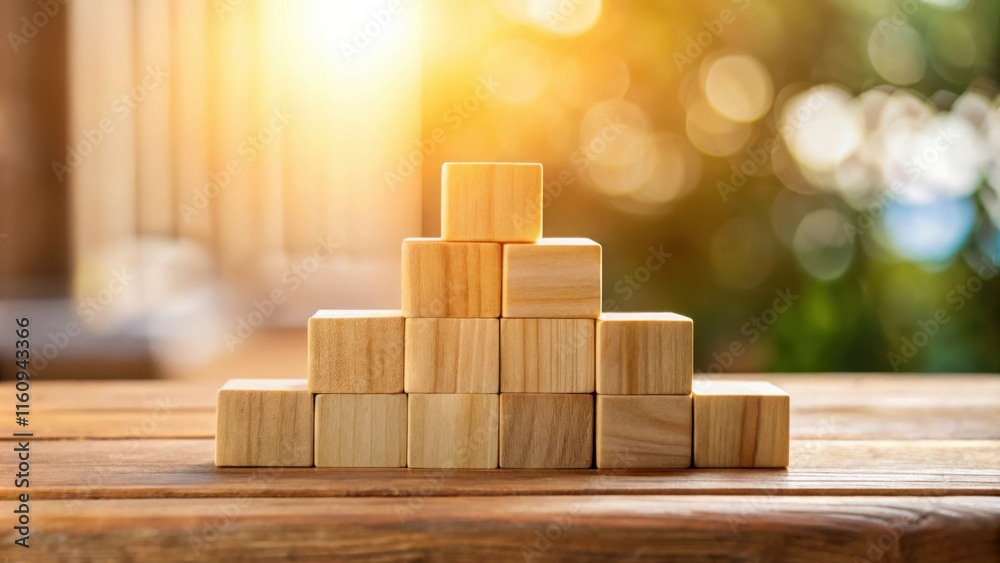 Wooden Blocks Stacked in a Pyramid on a Wooden Table with a Blurred Background of Light and Green Wooden Blocks Stacked in a Pyramid on a Wooden Table with a Blurred Background of Light and Green