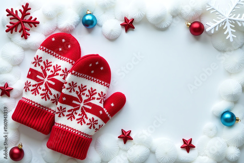 festive mittens sit atop snowy white background adorned colorful