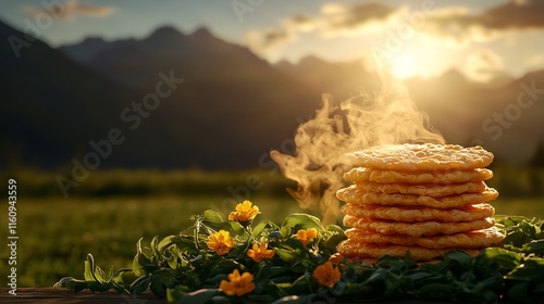 Chilean sopaipillas with pebre salsa, countryside scene with a backdrop of the Andes mountains photo