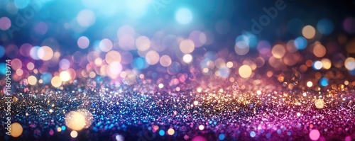Abstract background with glowing particles and bokeh lights in blue, pink and purple colors, with gold glitter and sparkle design in holiday style, party invitation.