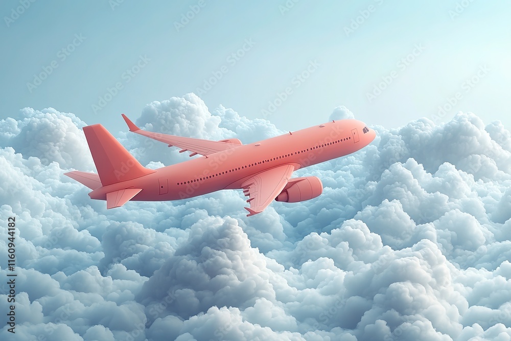 Fototapeta premium Pink Airplane Soaring Through Fluffy Clouds