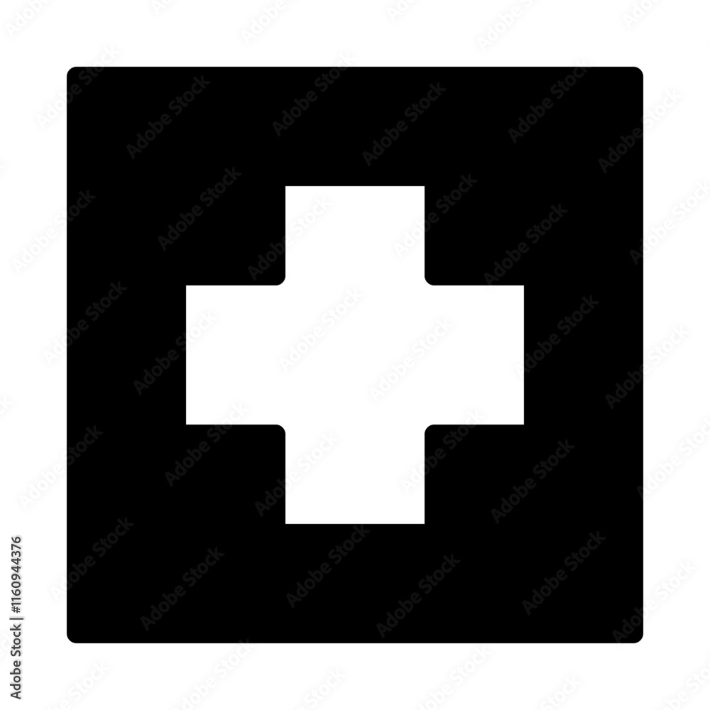 White cross in black square. Concept of medical care, aid, and hospital. White cross in black square. Concept of medical care, aid, and hospital.