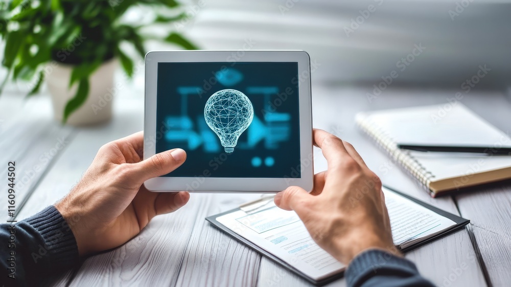 A person holds a tablet displaying a digital brain illustration, symbolizing technology and innovation in a modern workspace. A person holds a tablet displaying a digital brain illustration, symbolizing technology and innovation in a modern workspace.