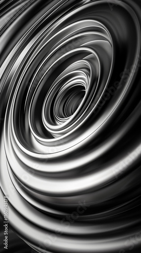Abstract black and white spiral pattern with glossy, reflective curves, perfect for backgrounds.