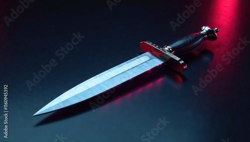 Sleek dagger leans against a mirror-like surface, sharp, metallic, modern photo