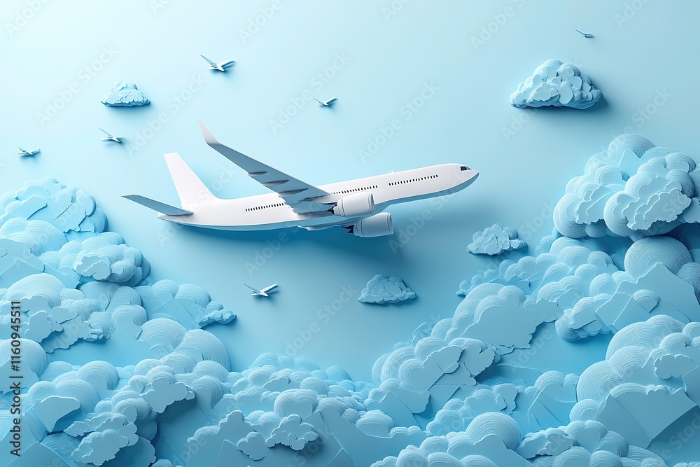 Fototapeta premium White Airplane Soaring Above Blue Paper Clouds