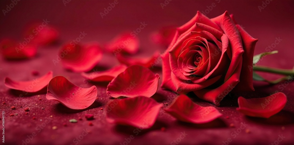 Soft red rose petals scattered on a velvet surface, flower arrangement, still life Soft red rose petals scattered on a velvet surface, flower arrangement, still life