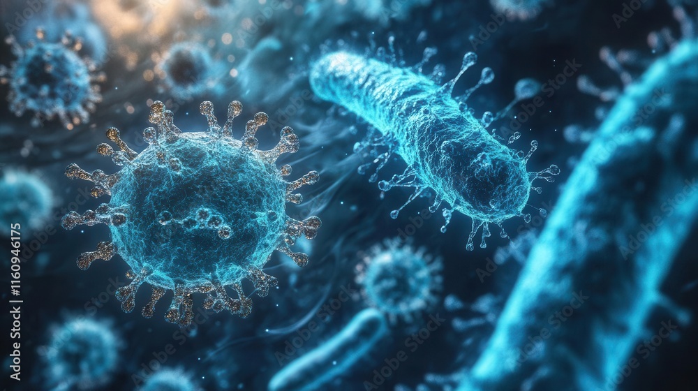 Fototapeta premium scientific microscopic photography of bacterial colony growth and virus cell structures in laboratory petri dish environment