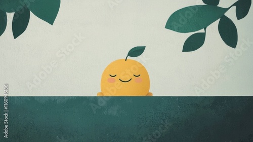 Cute and Cheerful Cartoon Character with a Sweet Smile and Velvety Peach Skin Surrounded by Leaves