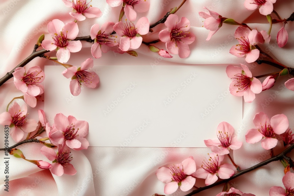 Obraz premium Delicate pink cherry blossom flowers framing a blank greeting card on soft fabric