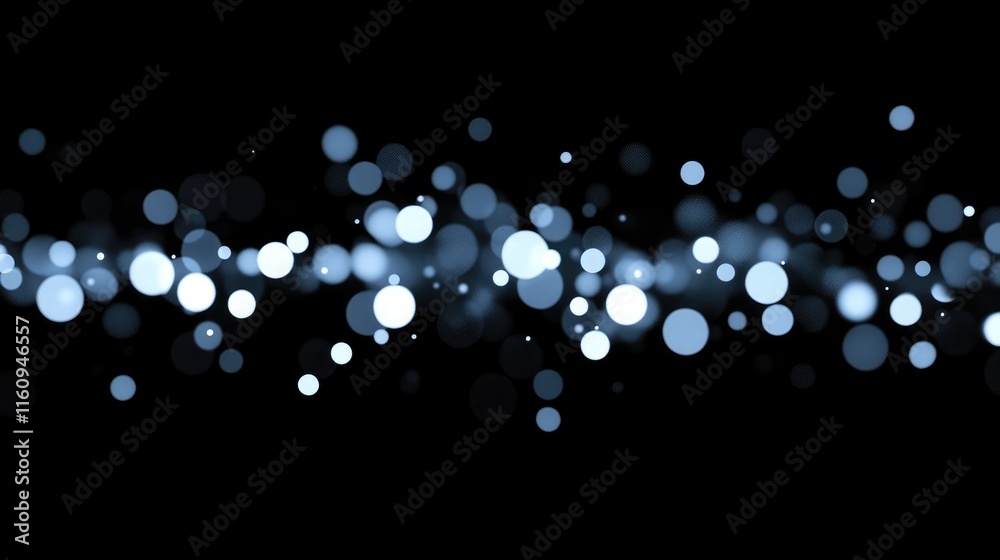 Fototapeta premium Blurred white lights bokeh on black background. Bokeh pattern overlay for holiday design card, invitation, greeting, website banner. Modern abstract design.