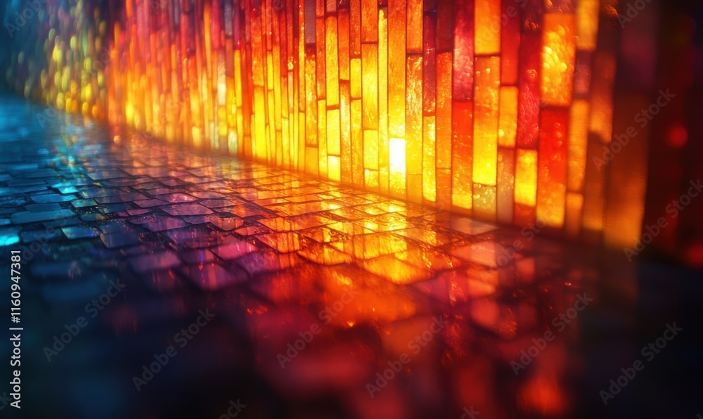 Colorful illuminated wall and reflective surface create vibrant atmosphere