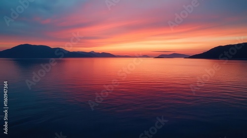 serene coastal sunrise landscape with vibrant sky reflecting in calm ocean waters, creating natural abstract pattern of colors and light
