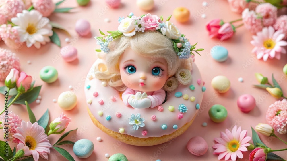 A small porcelain doll with a delicate flower crown sits in the center of a pink and white donut, surrounded by pastel macarons and blossoms on a soft pink background. A small porcelain doll with a delicate flower crown sits in the center of a pink and white donut, surrounded by pastel macarons and blossoms on a soft pink background.