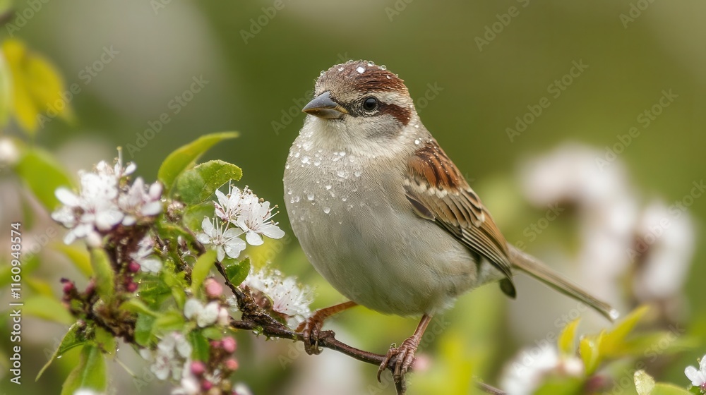 small garden bird in natural setting with morning dew and delicate spring blossoms creating peaceful wildlife photography scene small garden bird in natural setting with morning dew and delicate spring blossoms creating peaceful wildlife photography scene