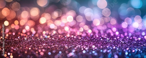Colorful abstract background with glitter and bokeh lights. Abstract festive colorful background with defocused glowing particles. Sparkling pink, blue, purple colors.