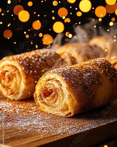 Hungarian chimney cake sprinkled with cinnamon sugar, Budapest s Christmas market illuminated at night photo