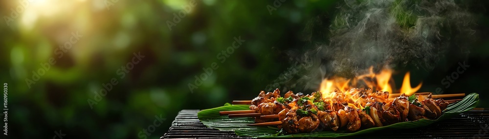 Indonesian mushroom satay skewers on banana leaves, Balinese temple surrounded by lush greenery Indonesian mushroom satay skewers on banana leaves, Balinese temple surrounded by lush greenery